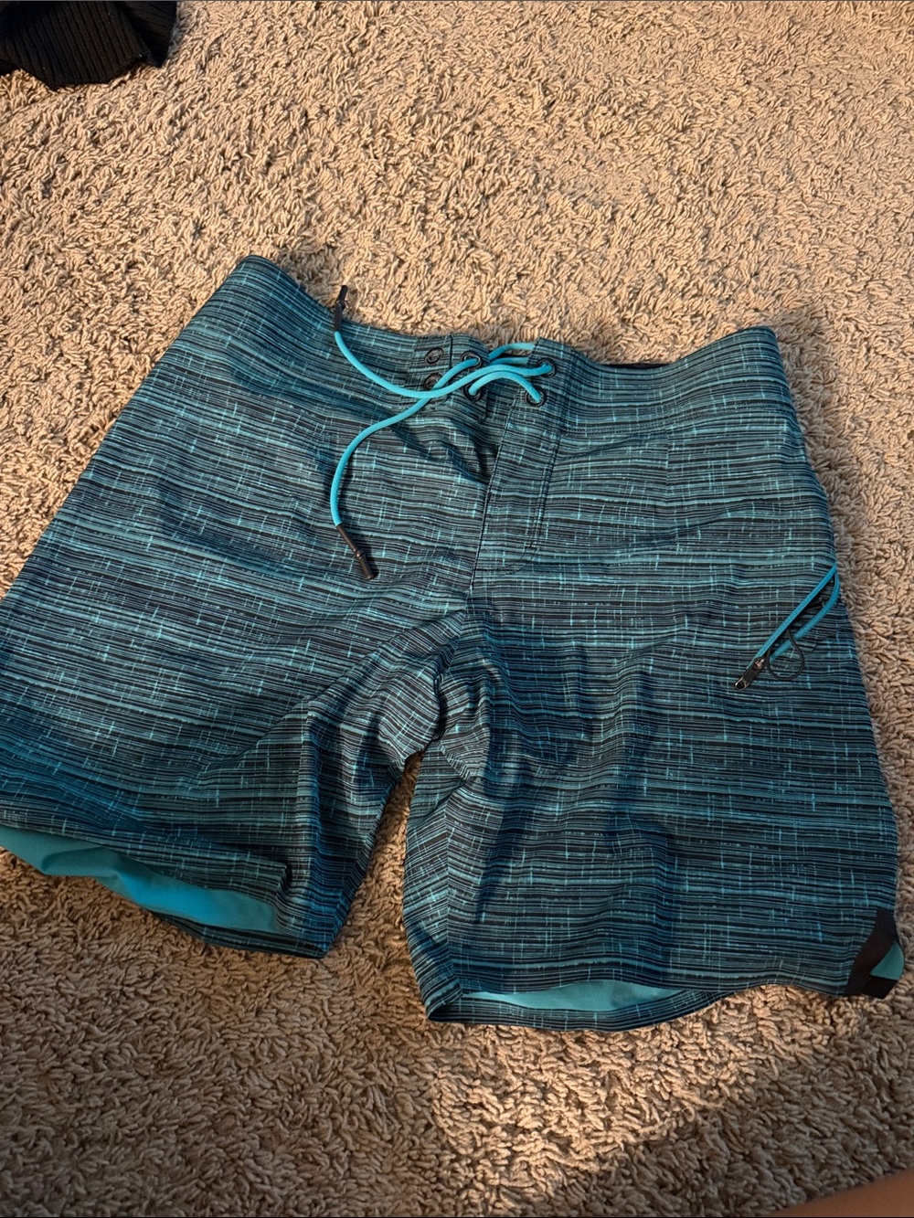 lululemon athletica Teal and Navy Striped Swim Board Shorts